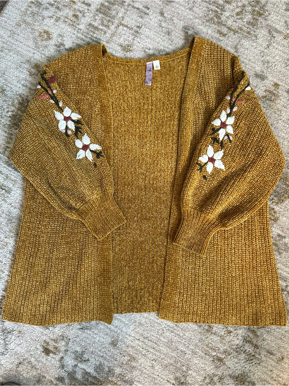 Mustard Gold Chenille Embroidered Floral Cardigan